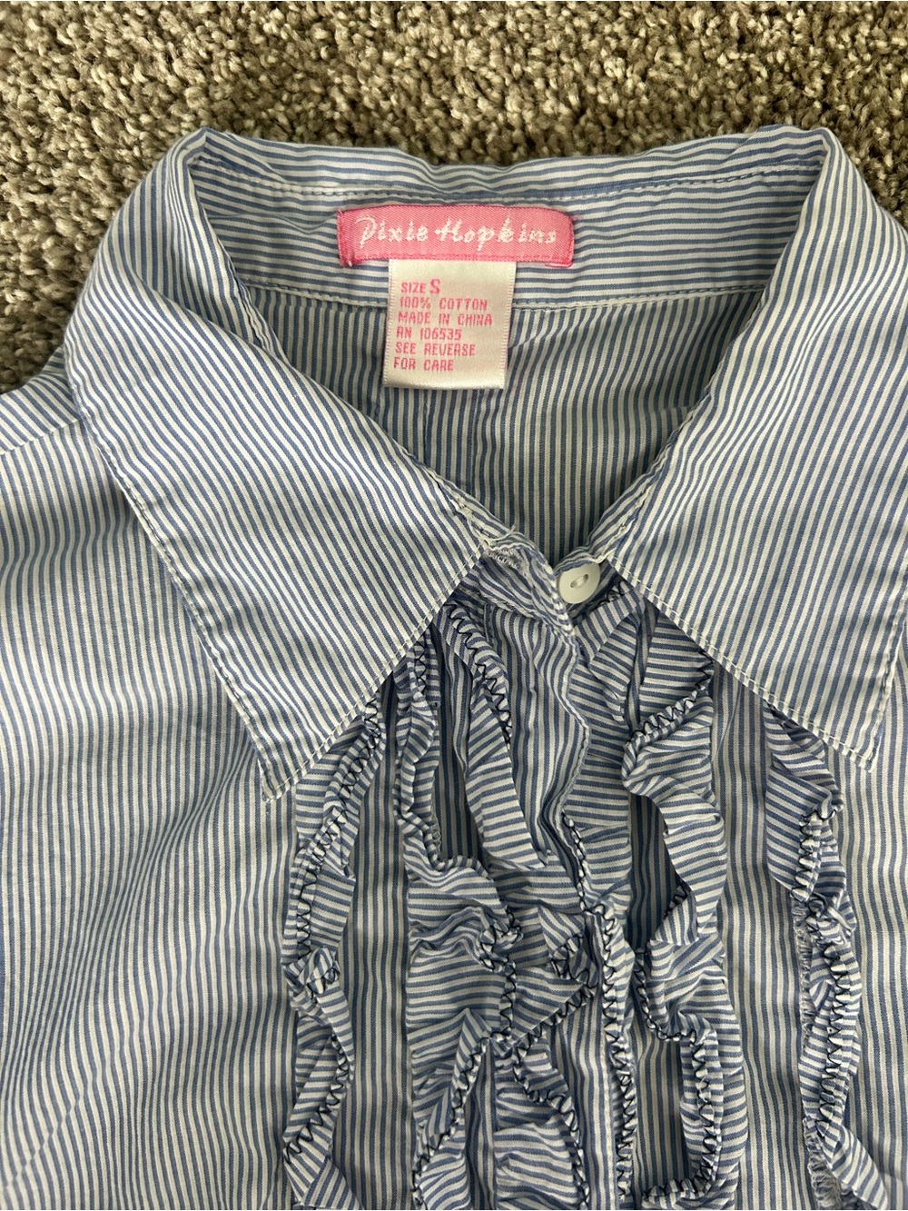 Blue Striped Ruffle-Front Short Sleeve Button-Down Shirt - Picture 5 of 5